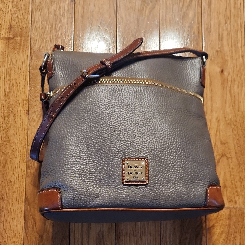 Dooney & Bourke Gray Pebbled Leather Crossbody with Brown Trim P-005